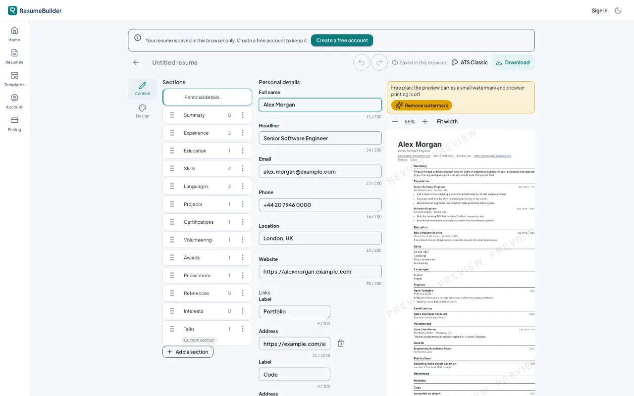 The editor with the resume preview beside the fields